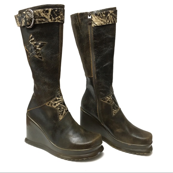 VTG Y2K Leather Star Detail Platform Tall Boots - Picture 3 of 8